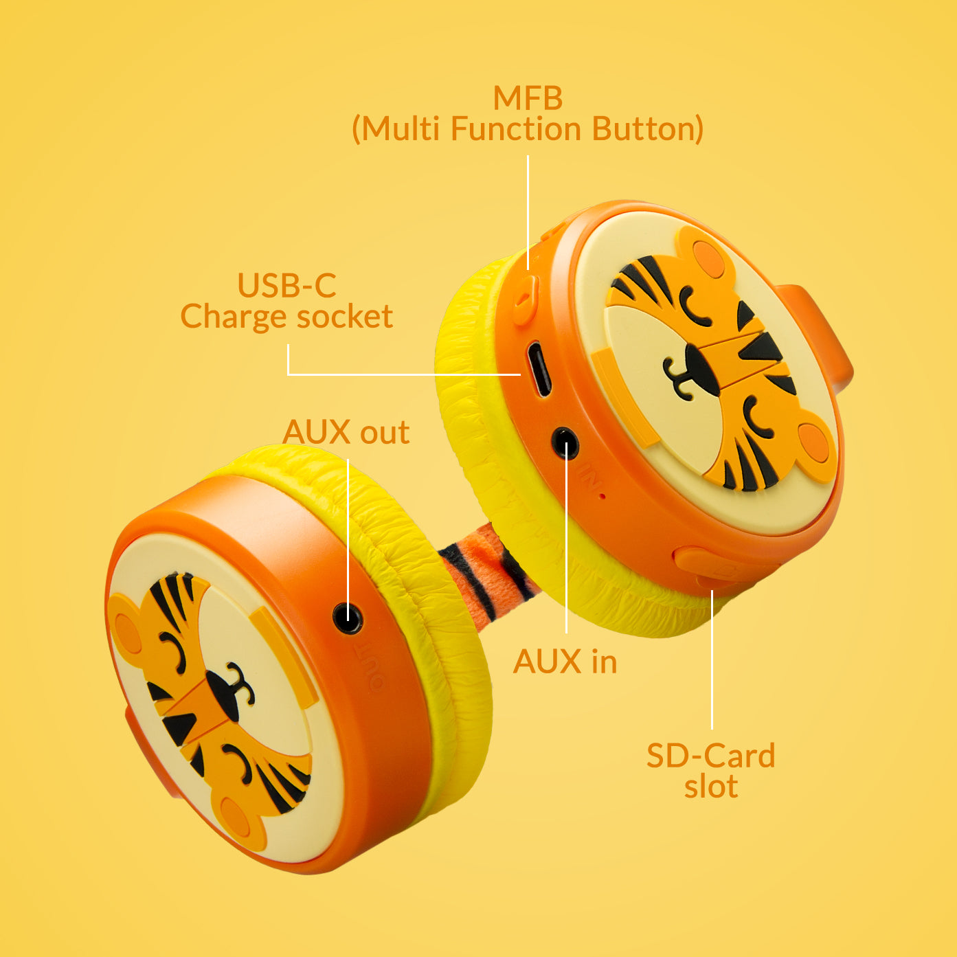 Mobilize Wireless/Wired Over Ear Kids Headphone 85Db Tiger