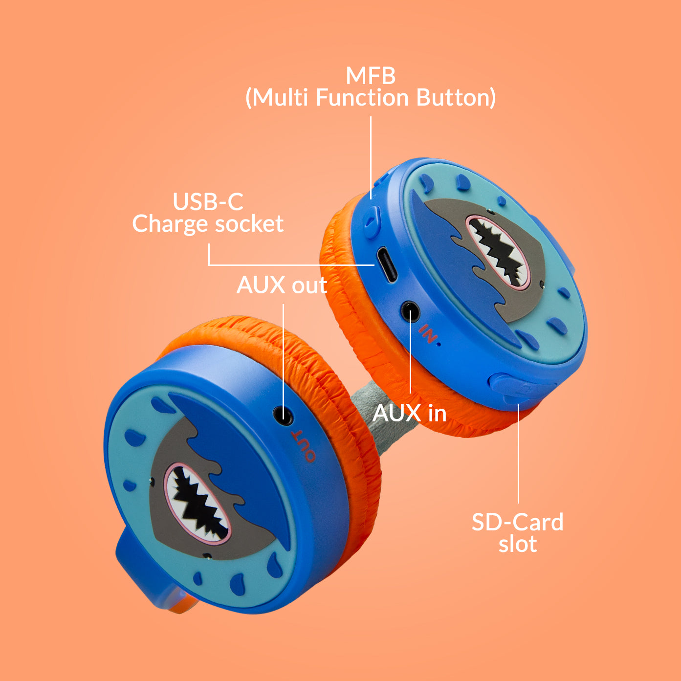 Mobilize Wireless/Wired Over Ear Kids Headphone 85Db Shark