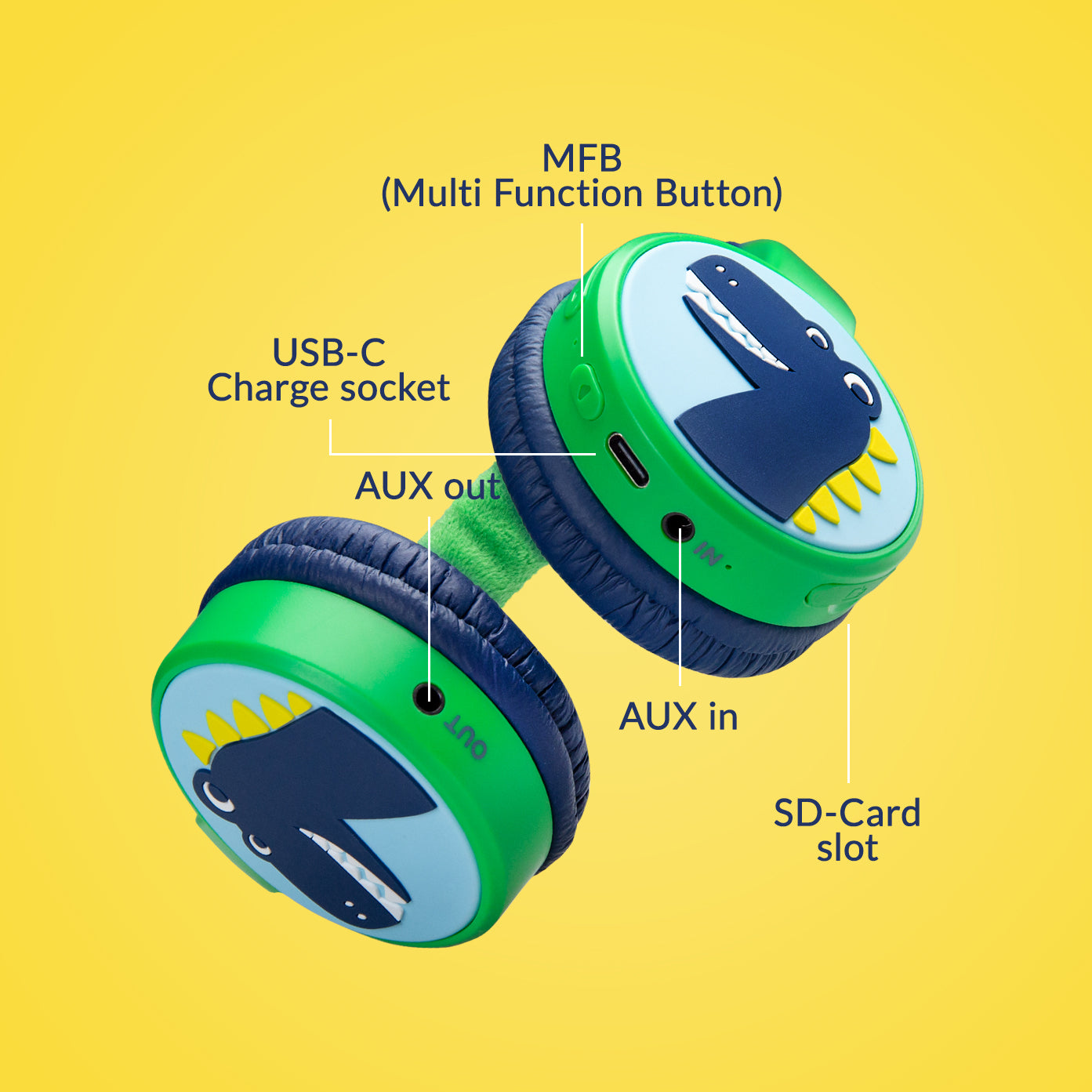Mobilize Wireless/Wired Over Ear Kids Headphone 85Db Dinosaur