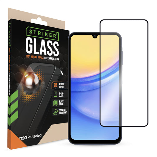 Striker D3O Xtreme Impact Glass Screen Protector - Black Frame - Samsung Galaxy A15 (4G/5G)
