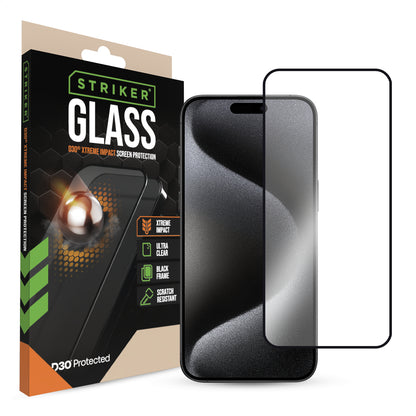 Striker D3O Xtreme Impact Glass Screen Protector - Black Frame - Apple Iphone 15 Pro Max