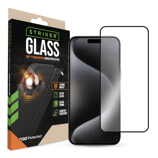 Striker D3O Xtreme Impact Glass Screen Protector - Black Frame - Apple Iphone 15 Pro Max
