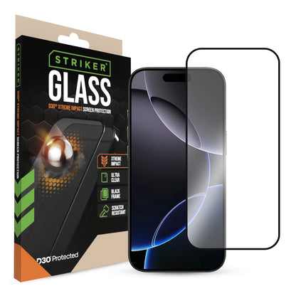 Striker D3O Xtreme Impact Glass Screen Protector - Black Frame - Apple Iphone 16 Pro