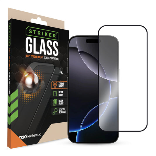 Striker D3O Xtreme Impact Glass Screen Protector - Black Frame - Apple Iphone 16 Pro